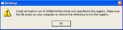 Could not load or run c:\windows\svchost.exe specified in the registry...