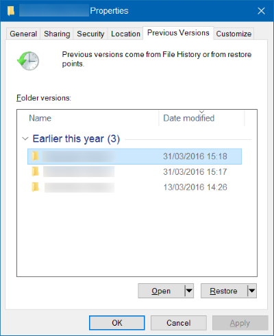 windows previous versions of files